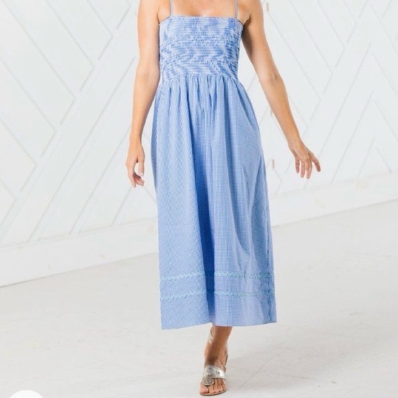 Sail to Sable Dresses & Skirts - Sail to Sable STS Blue White Gingham RicRac Midi Maxi Smocked Strapless Dress L